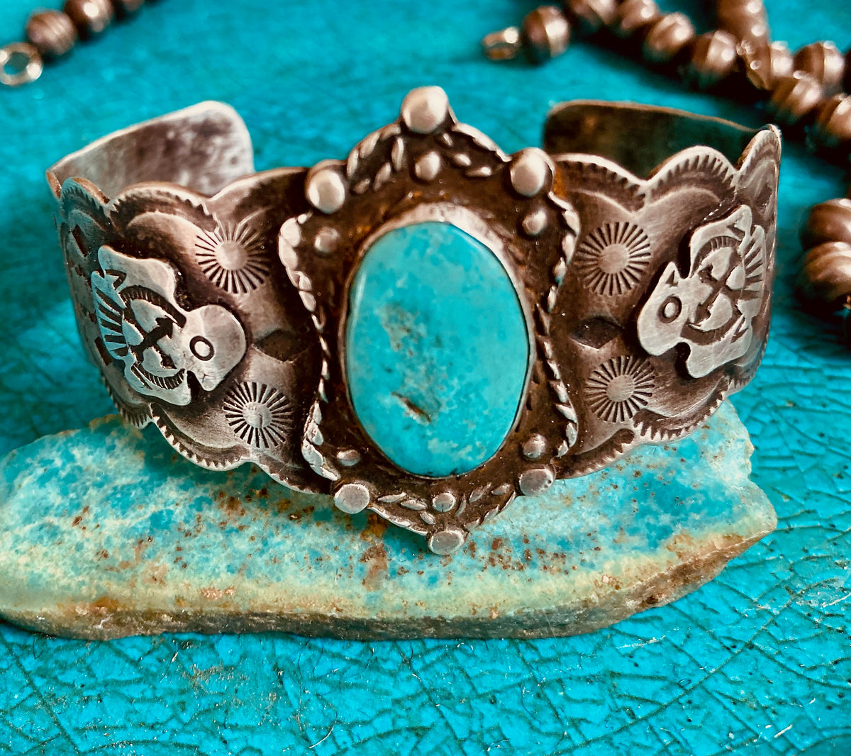 Vintage Southwestern Thunderbird Turquoise Sterling Silver Cuff Bracelet
