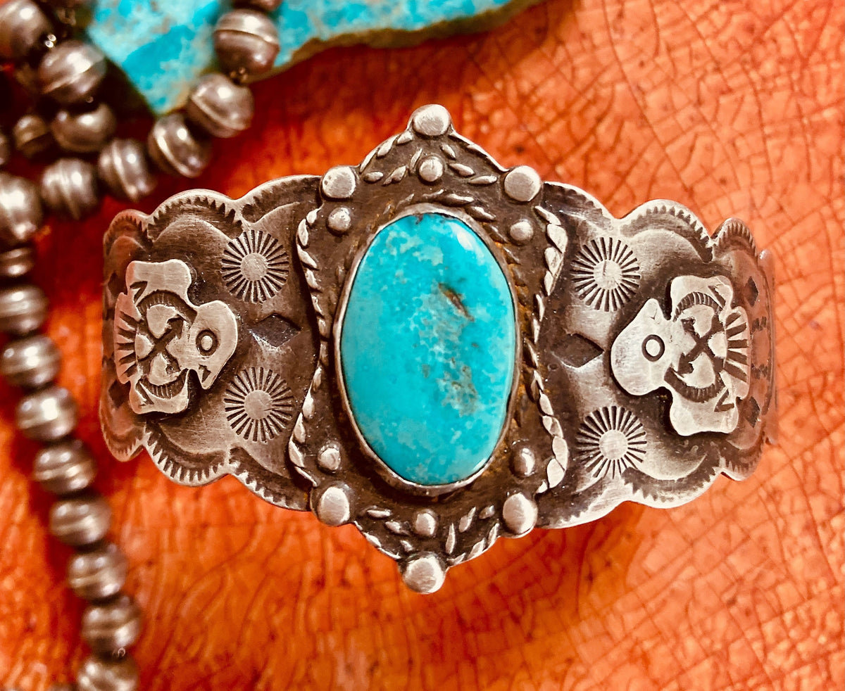 Vintage Southwestern Thunderbird Turquoise Sterling Silver Cuff Bracelet