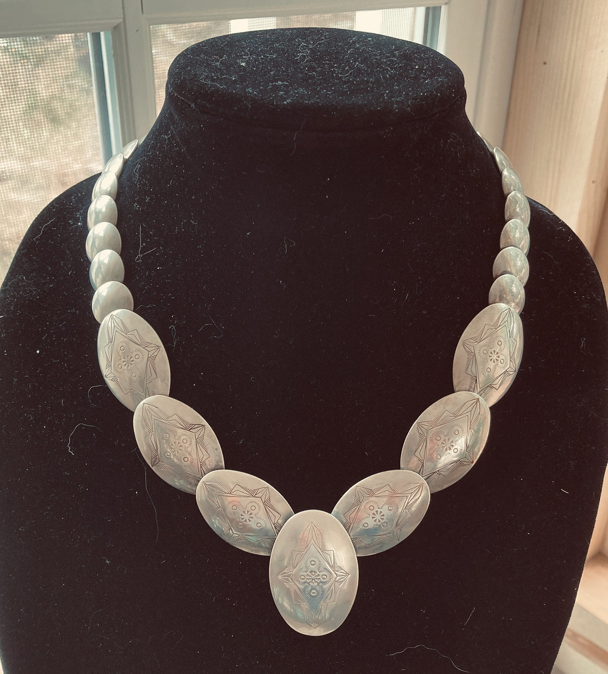 Vintage Navajo Sterling Silver Pillow Bead Necklace | Hand-Stamped Bench Made Beads | 20"