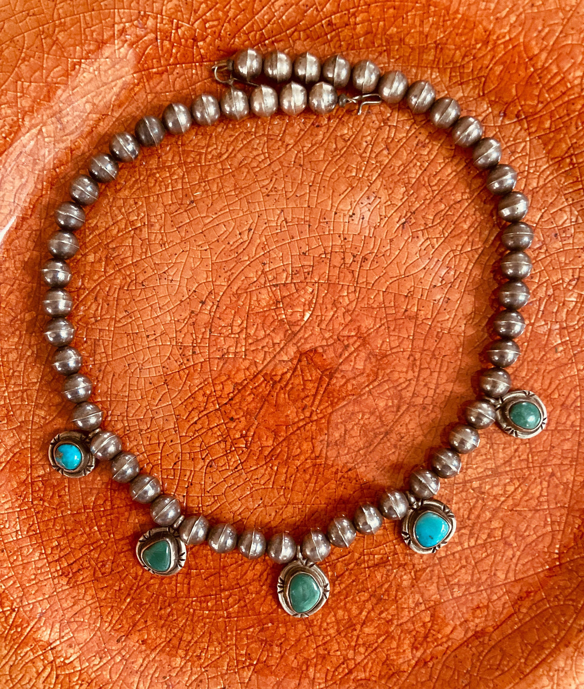 Vintage Old Pawn Navajo Bench Bead Necklace | Sterling Silver & Natural Turquoise | Native American Jewelry