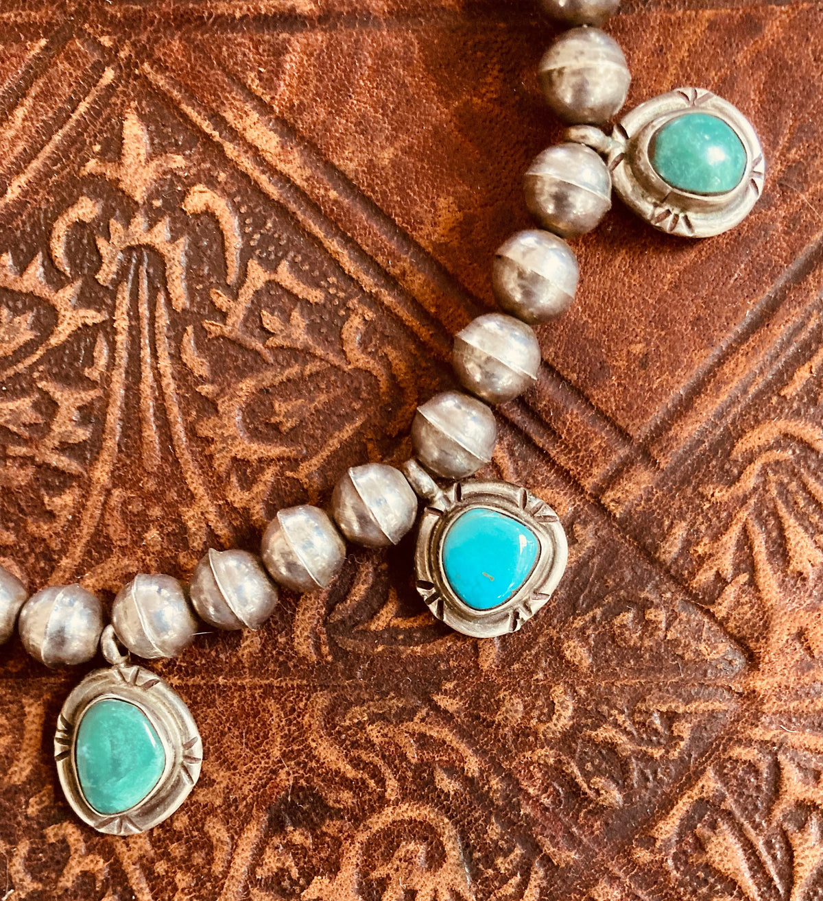 Vintage Old Pawn Navajo Bench Bead Necklace | Sterling Silver & Natural Turquoise | Native American Jewelry