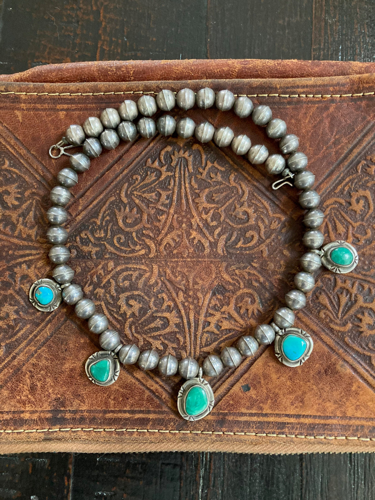 Vintage Old Pawn Navajo Bench Bead Necklace | Sterling Silver & Natural Turquoise | Native American Jewelry
