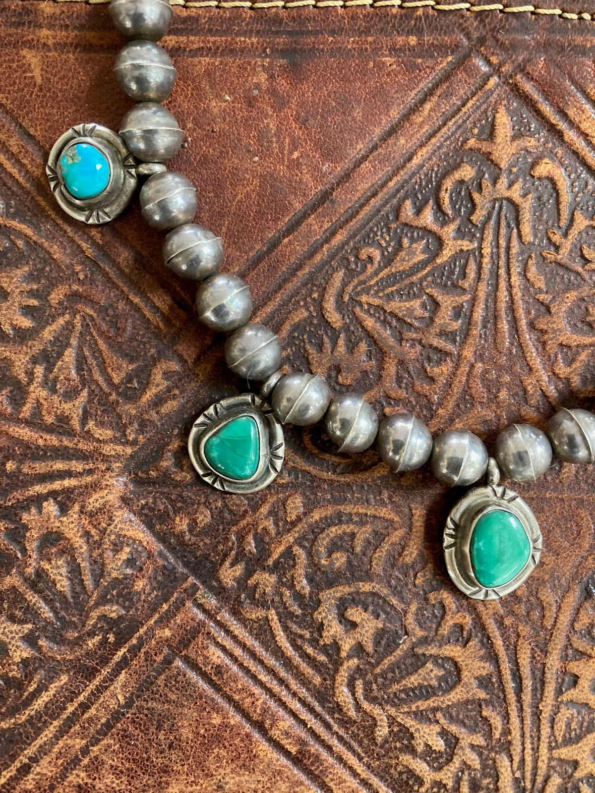 Vintage Old Pawn Navajo Bench Bead Necklace | Sterling Silver & Natural Turquoise | Native American Jewelry