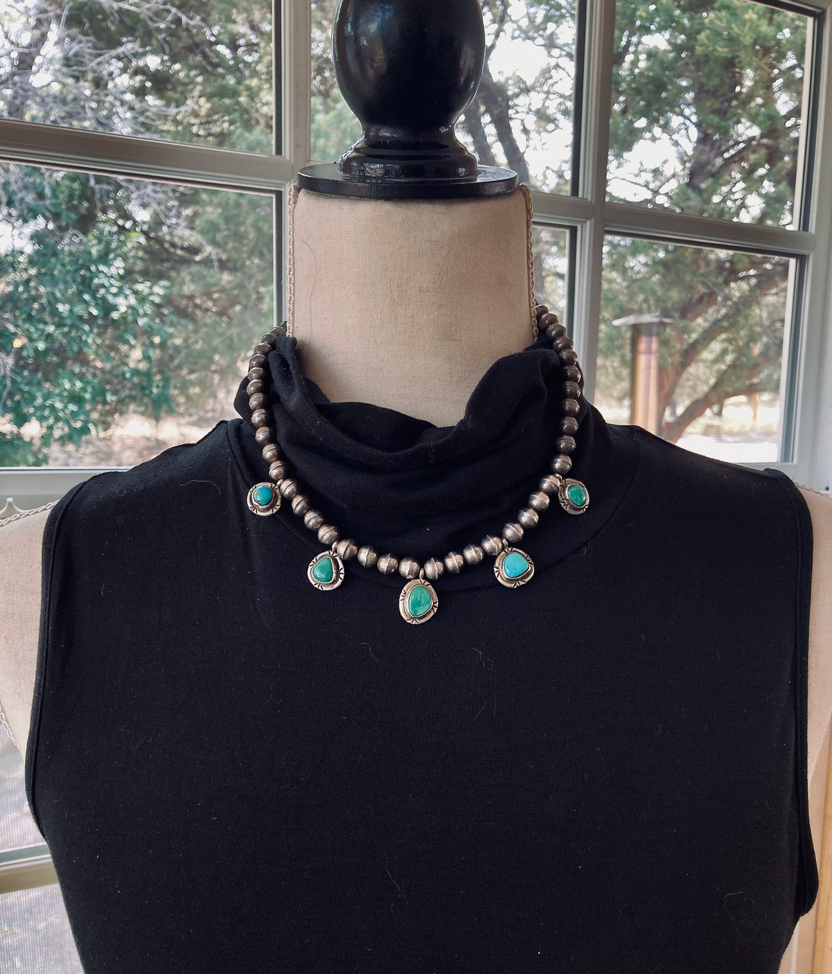 Vintage Old Pawn Navajo Bench Bead Necklace | Sterling Silver & Natural Turquoise | Native American Jewelry