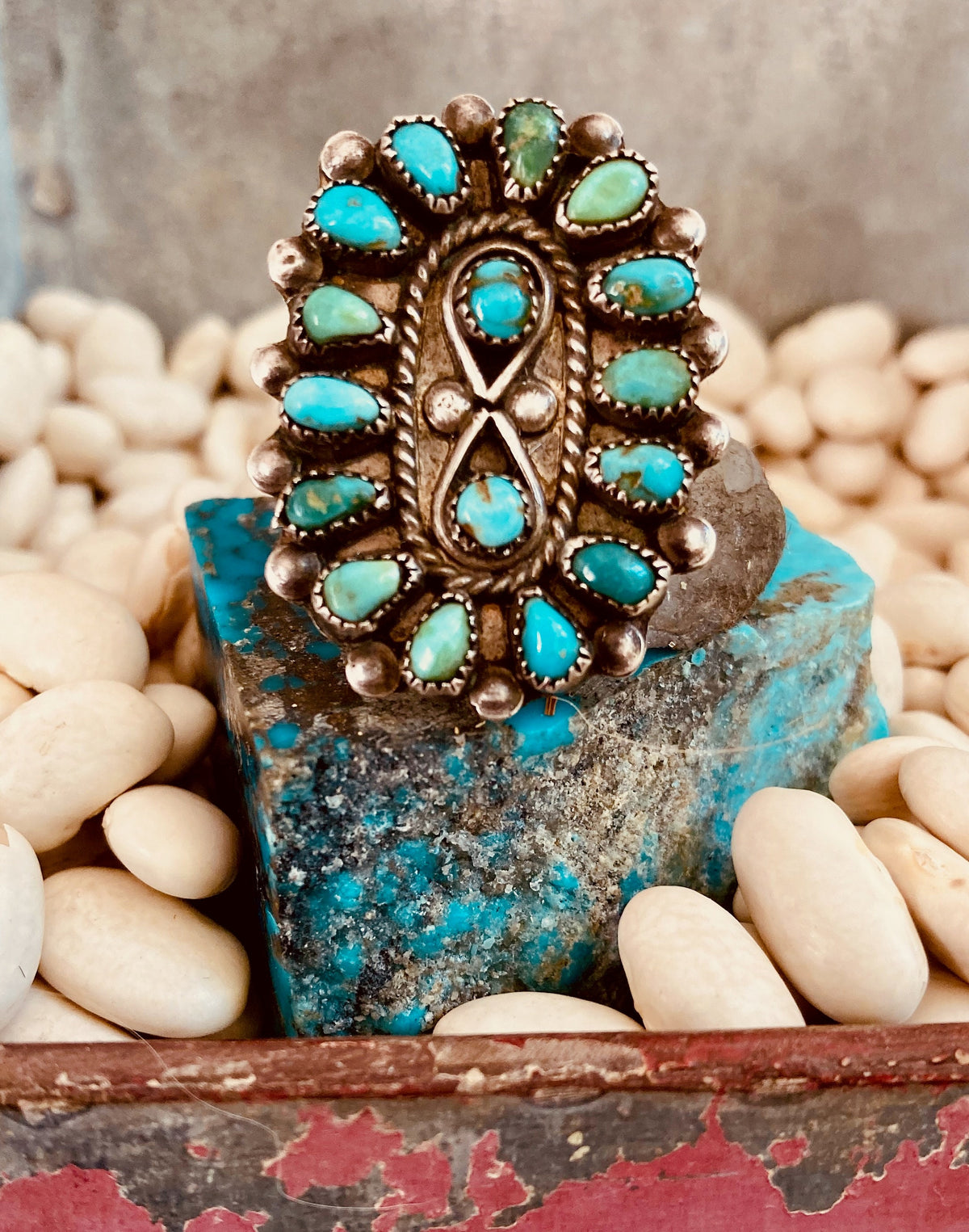 Vintage Zuni Petit Point Turquoise Cluster Ring | Sterling Silver Native American Jewelry