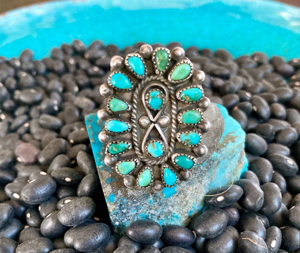 Vintage Zuni Petit Point Turquoise Cluster Ring | Sterling Silver Native American Jewelry