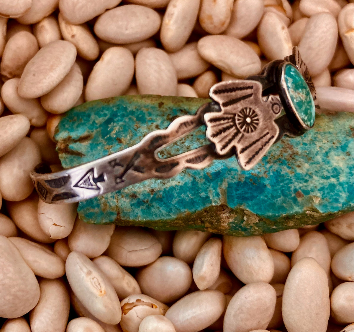 Vintage Harvey Era Thunderbird Turquoise Sterling Silver Cuff