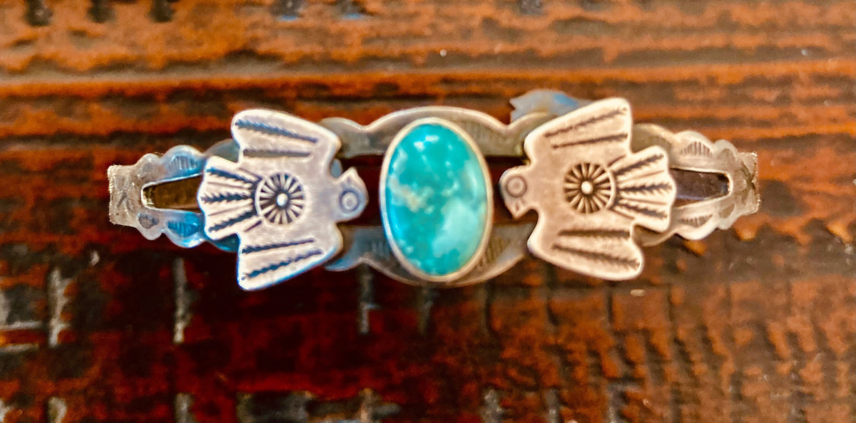 Vintage Harvey Era Thunderbird Turquoise Sterling Silver Cuff