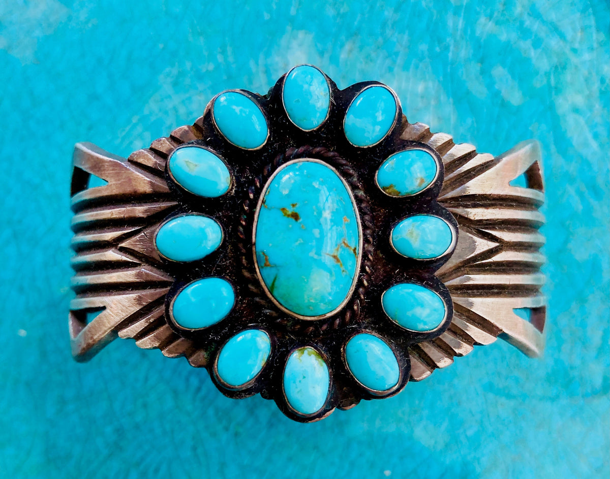 Vintage Old Pawn Sterling Silver Kingman Turquoise Cluster Cuff Bracelet