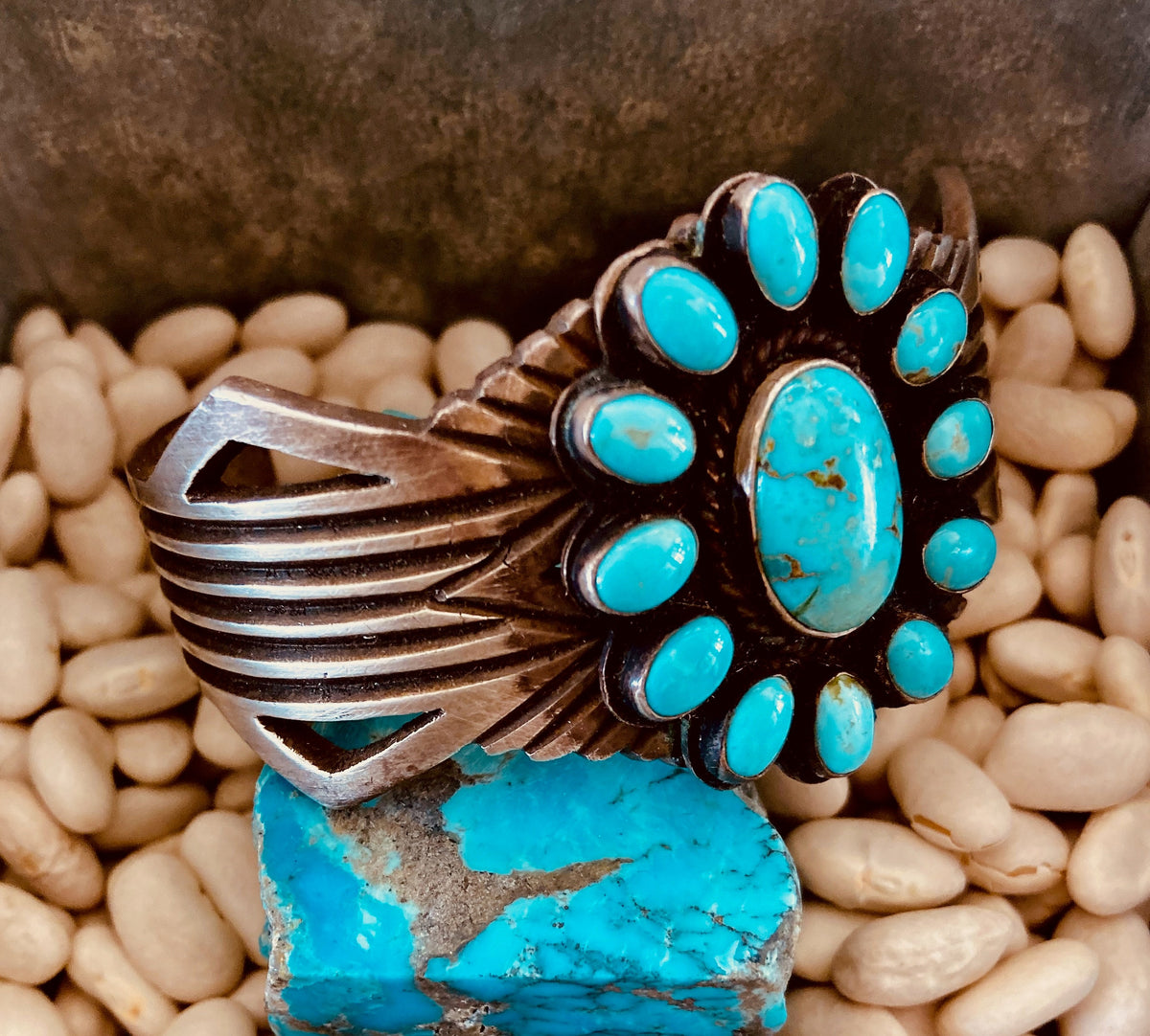 Vintage Old Pawn Sterling Silver Kingman Turquoise Cluster Cuff Bracelet