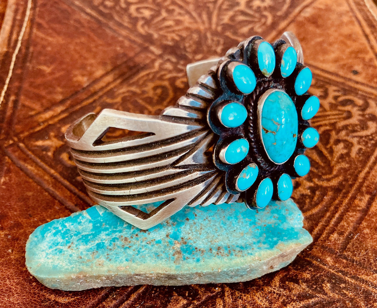 Vintage Old Pawn Sterling Silver Kingman Turquoise Cluster Cuff Bracelet