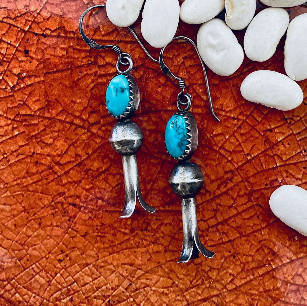 Vintage Sterling Silver Turquoise Squash Blossom Earrings | Native American Jewelry