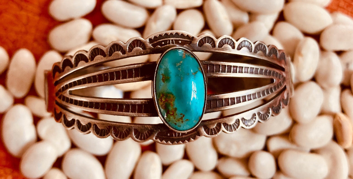 Vintage Fred Harvey Era Turquoise Sterling Silver Four-Bar Cuff