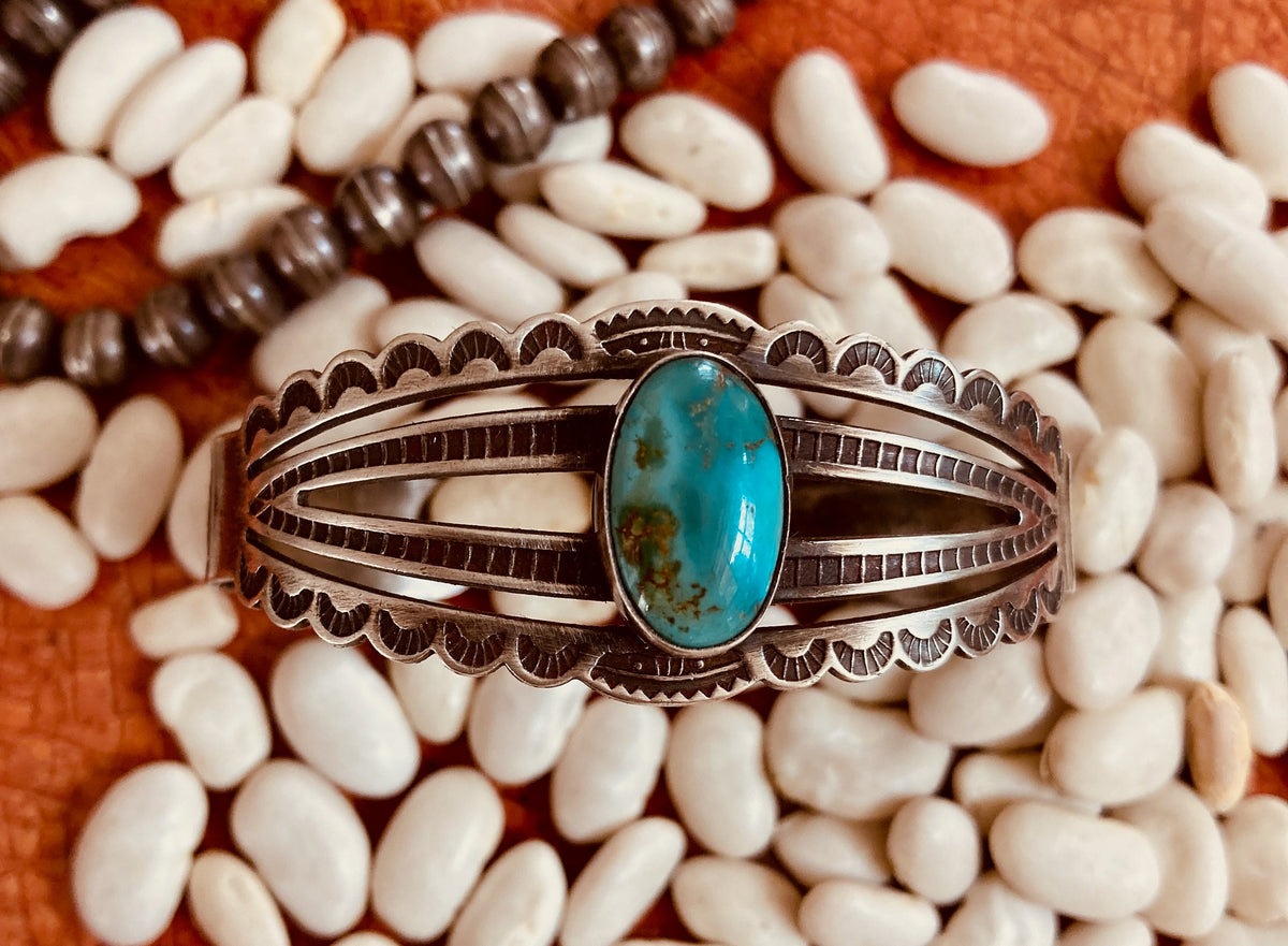 Vintage Fred Harvey Era Turquoise Sterling Silver Four-Bar Cuff