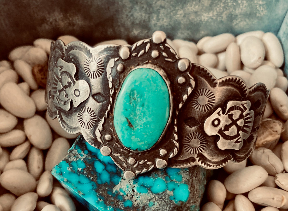 Vintage Southwestern Thunderbird Turquoise Sterling Silver Cuff Bracelet