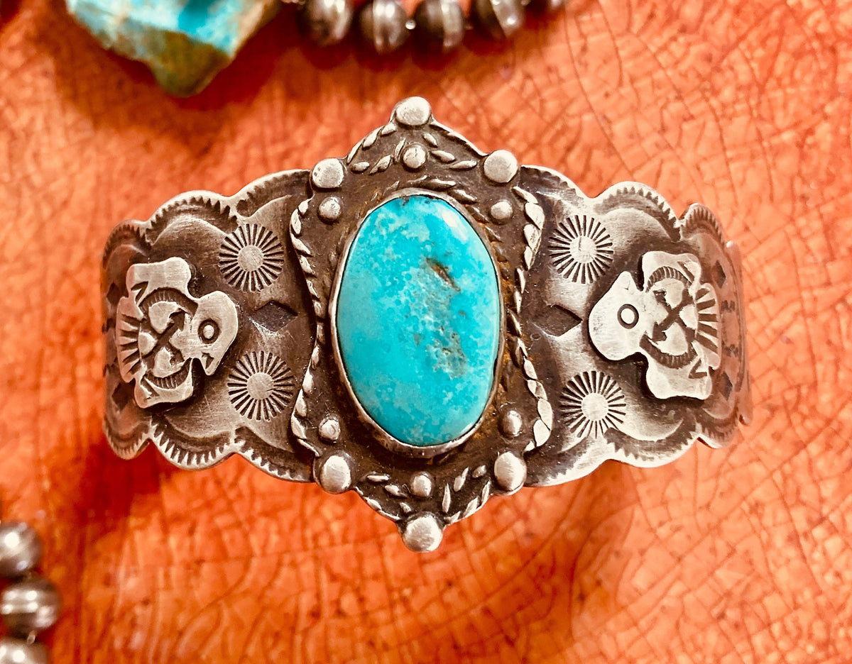 Vintage Southwestern Thunderbird Turquoise Sterling Silver Cuff Bracelet