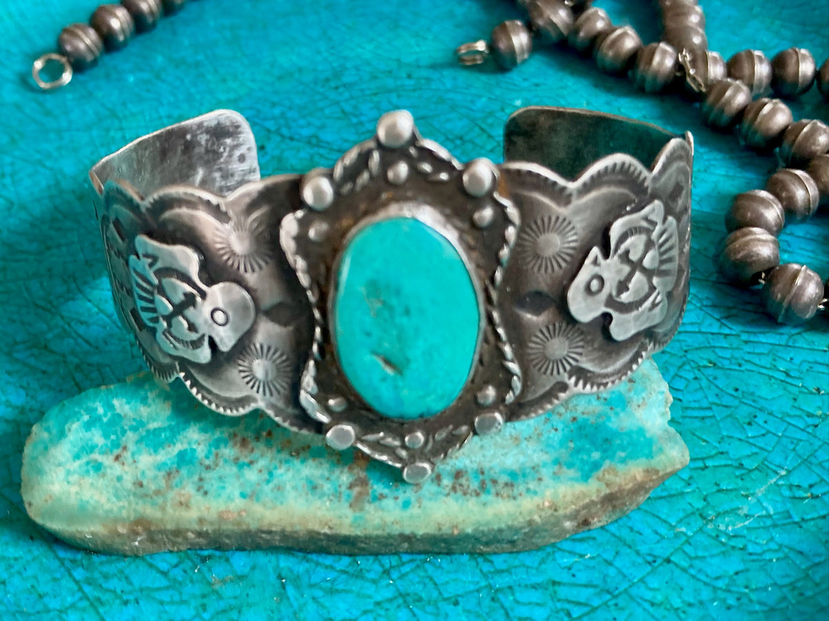 Vintage Southwestern Thunderbird Turquoise Sterling Silver Cuff Bracelet