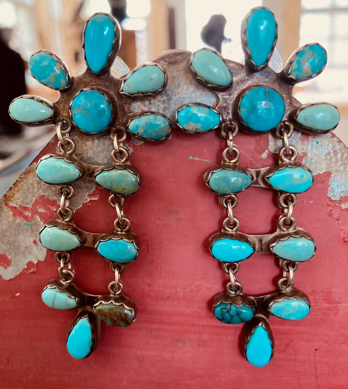 Vintage Navajo Turquoise Cluster Dangle Earrings | Sterling Silver Native American Jewelry