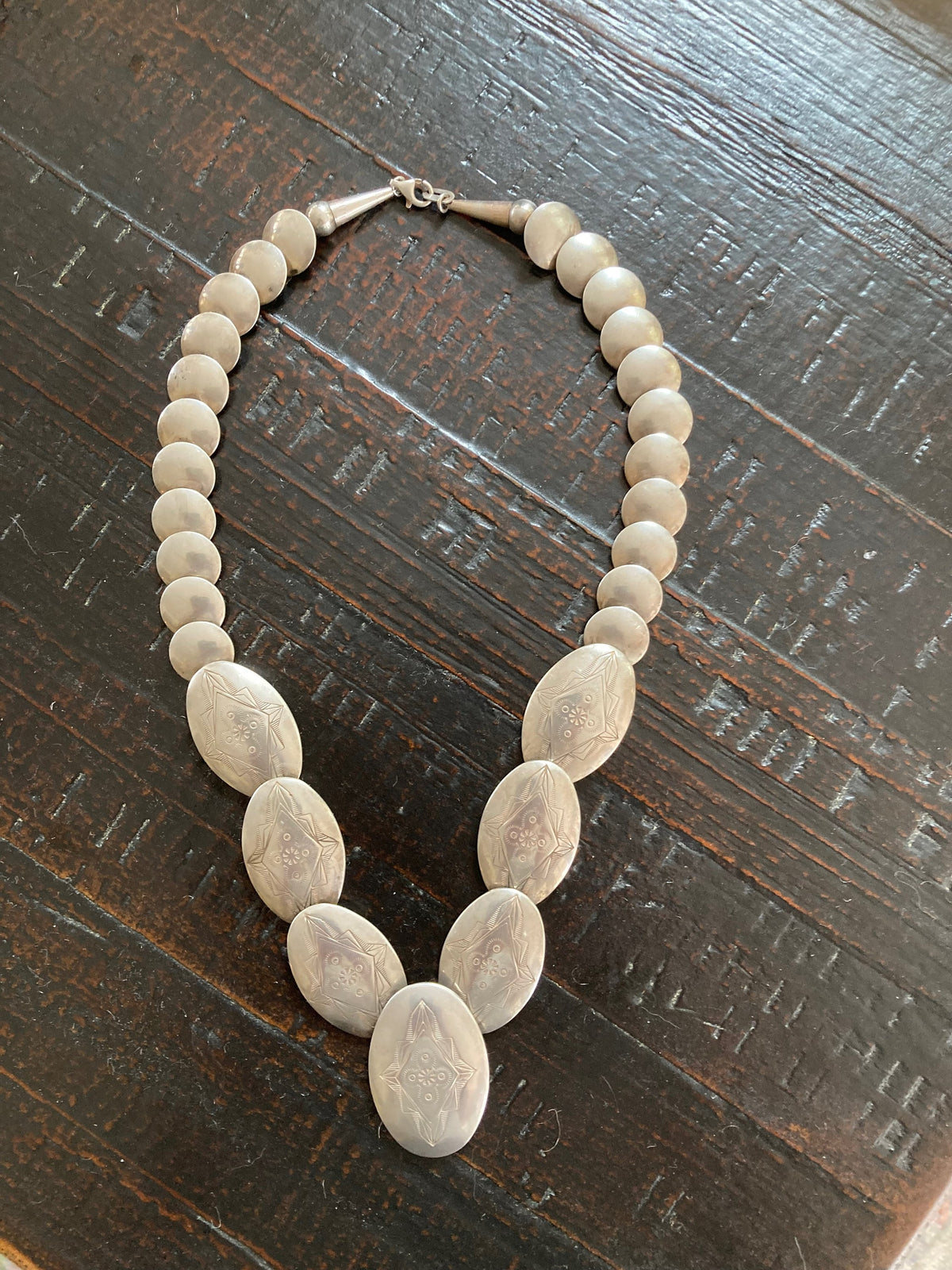 Vintage Navajo Sterling Silver Pillow Bead Necklace | Hand-Stamped Bench Made Beads | 20"