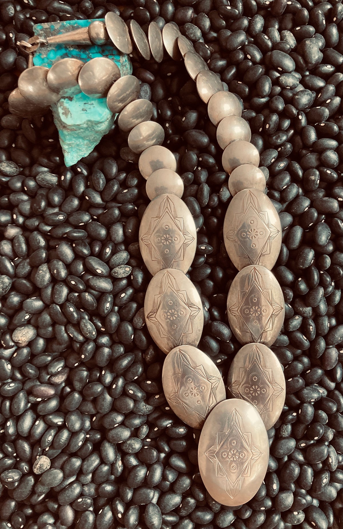 Vintage Navajo Sterling Silver Pillow Bead Necklace | Hand-Stamped Bench Made Beads | 20"