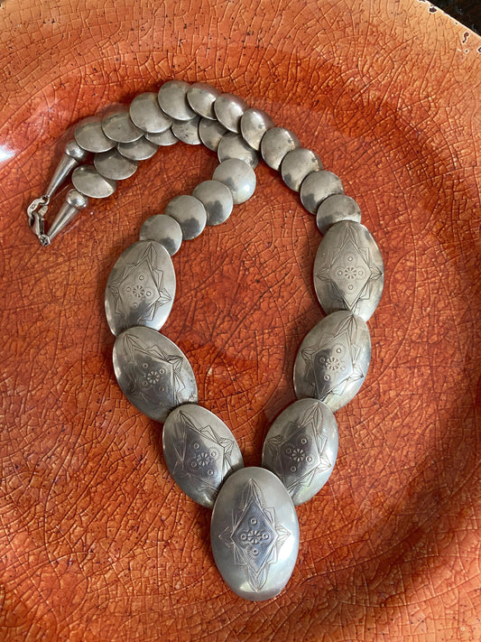 Vintage Navajo Sterling Silver Pillow Bead Necklace | Hand-Stamped Bench Made Beads | 20"