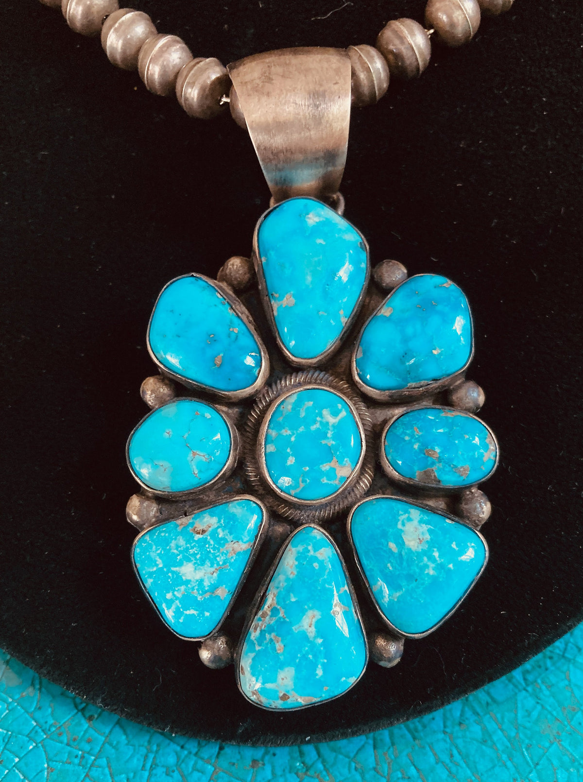 Raymond Beard Navajo Kingman Turquoise Cluster Pendant | Sterling Silver | Vintage Native American Jewelry