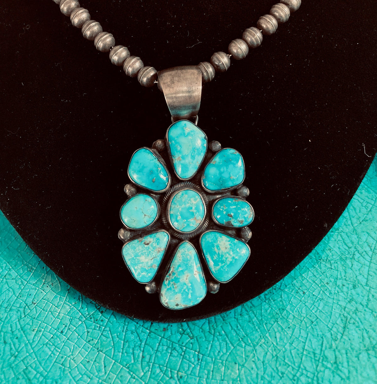 Raymond Beard Navajo Kingman Turquoise Cluster Pendant | Sterling Silver | Vintage Native American Jewelry