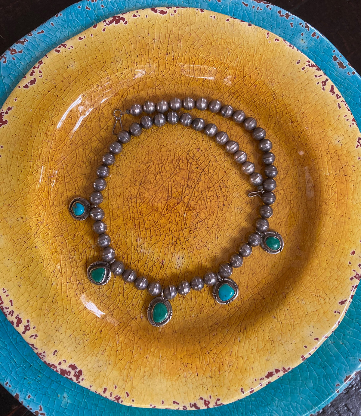 Vintage Old Pawn Navajo Bench Bead Necklace | Sterling Silver & Natural Turquoise | Native American Jewelry
