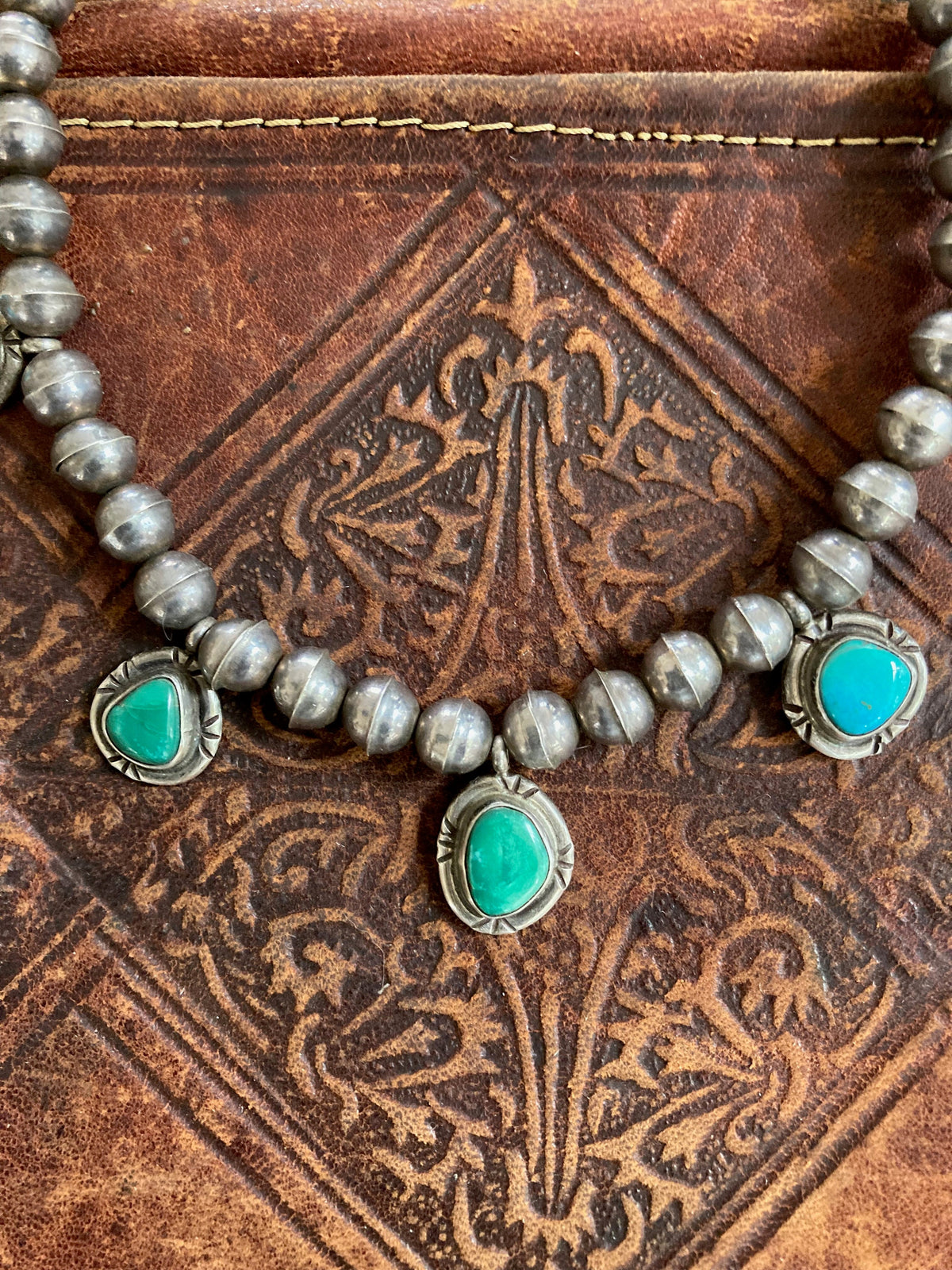 Vintage Old Pawn Navajo Bench Bead Necklace | Sterling Silver & Natural Turquoise | Native American Jewelry