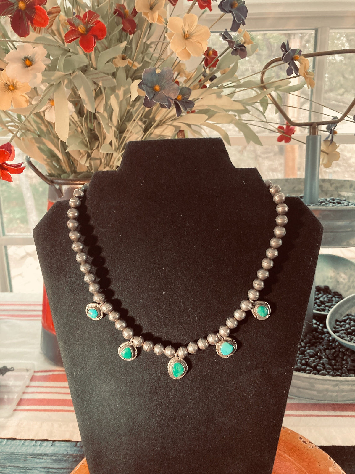 Vintage Old Pawn Navajo Bench Bead Necklace | Sterling Silver & Natural Turquoise | Native American Jewelry