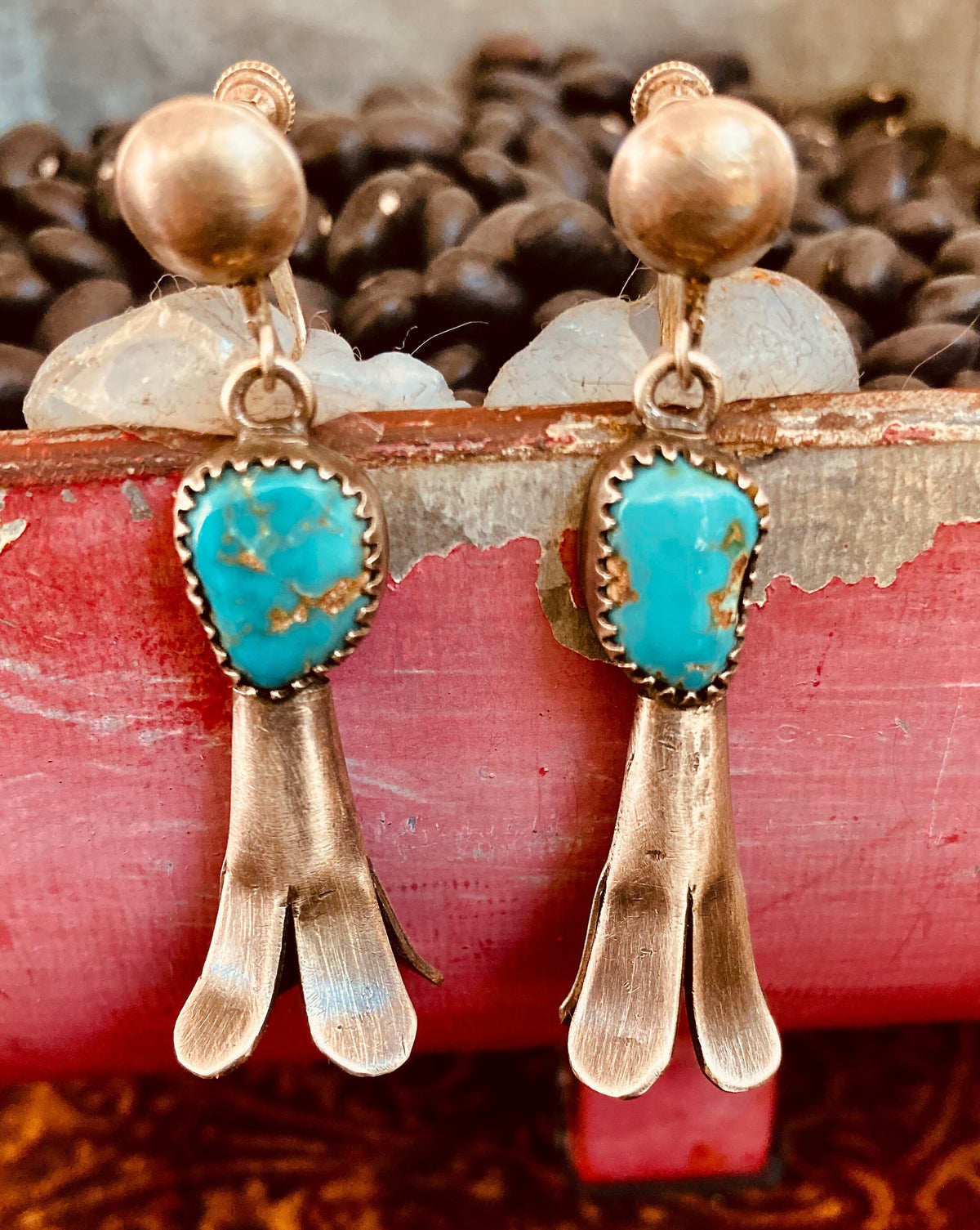 Vintage Navajo Sterling Silver Turquoise Squash Blossom Screw Back Earrings | Native American Jewelry