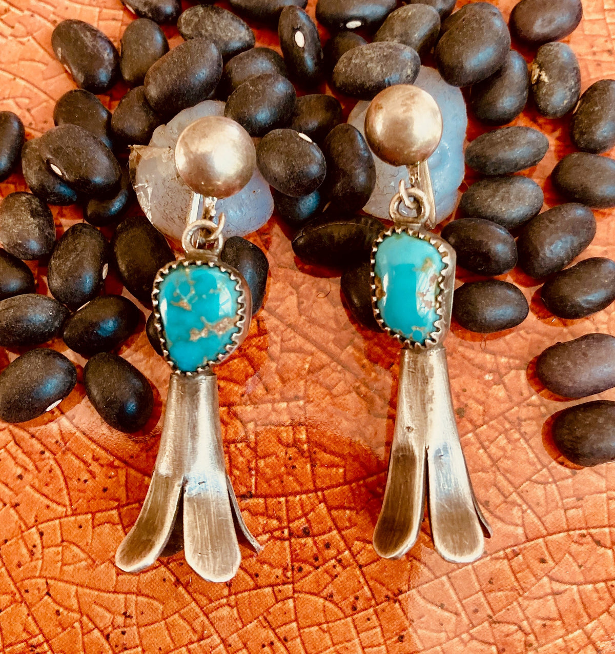 Vintage Navajo Sterling Silver Turquoise Squash Blossom Screw Back Earrings | Native American Jewelry