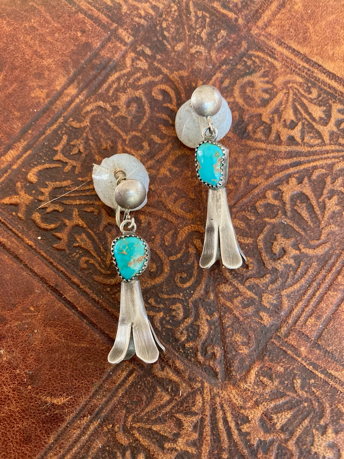 Vintage Navajo Sterling Silver Turquoise Squash Blossom Screw Back Earrings | Native American Jewelry