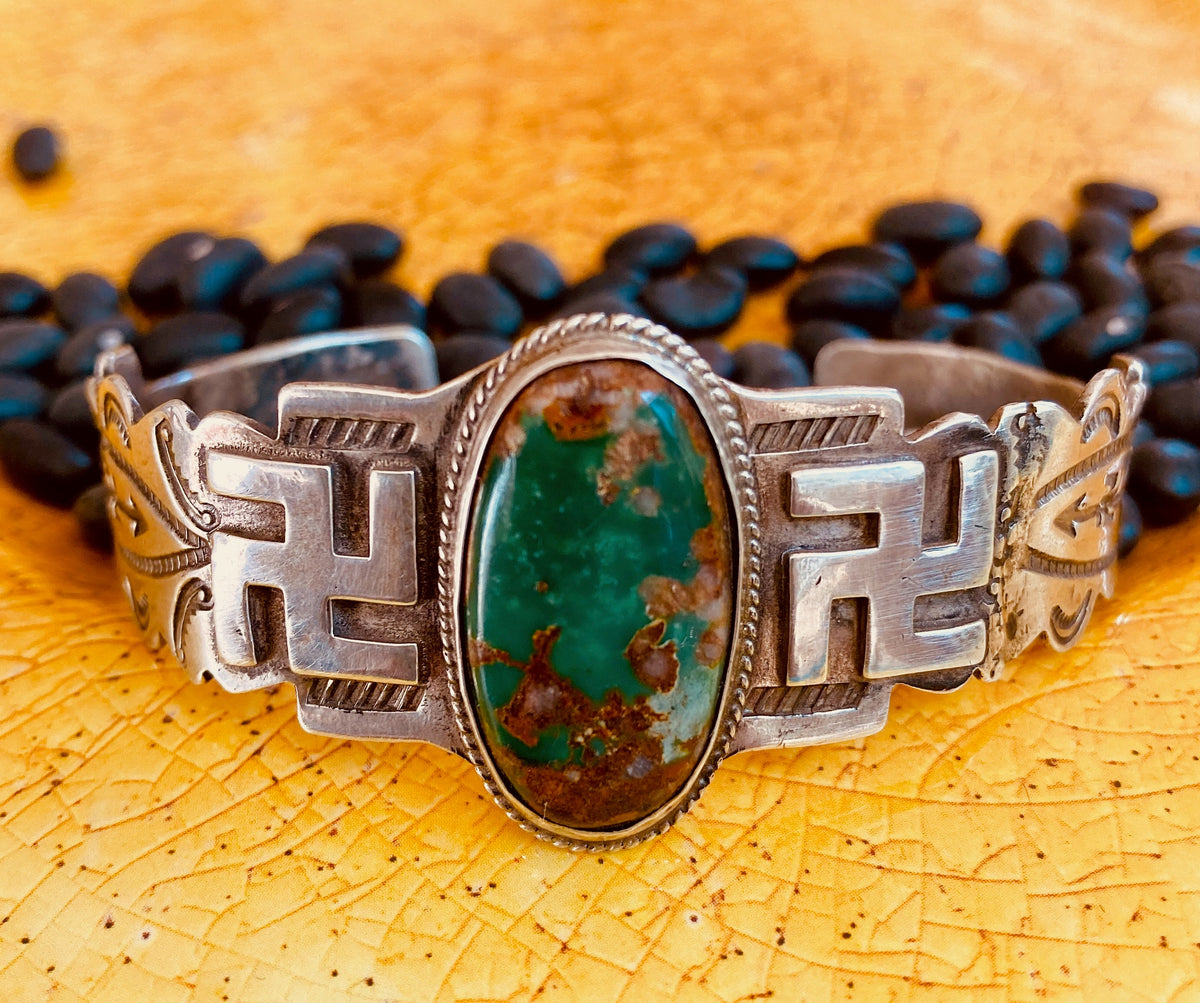 Early Navajo Sterling Silver Turquoise Cuff Bracelet | Vintage Native American Handmade Jewelry | Old Pawn Southwest Bracelet