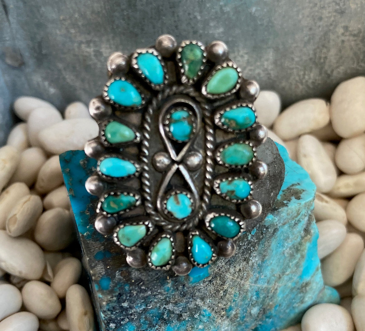 Vintage Zuni Petit Point Turquoise Cluster Ring | Sterling Silver Native American Jewelry