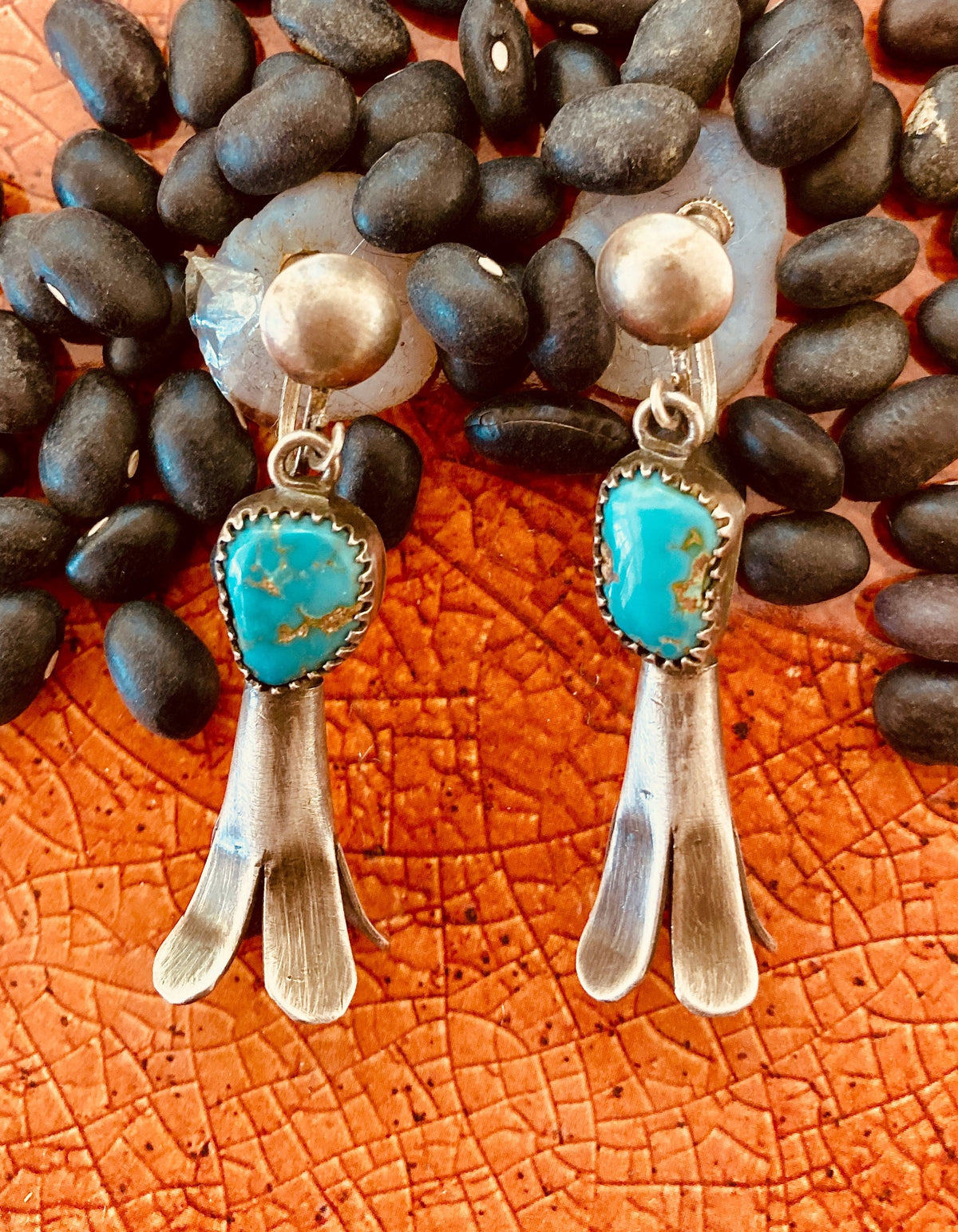 Vintage Navajo Sterling Silver Turquoise Squash Blossom Screw Back Earrings | Native American Jewelry