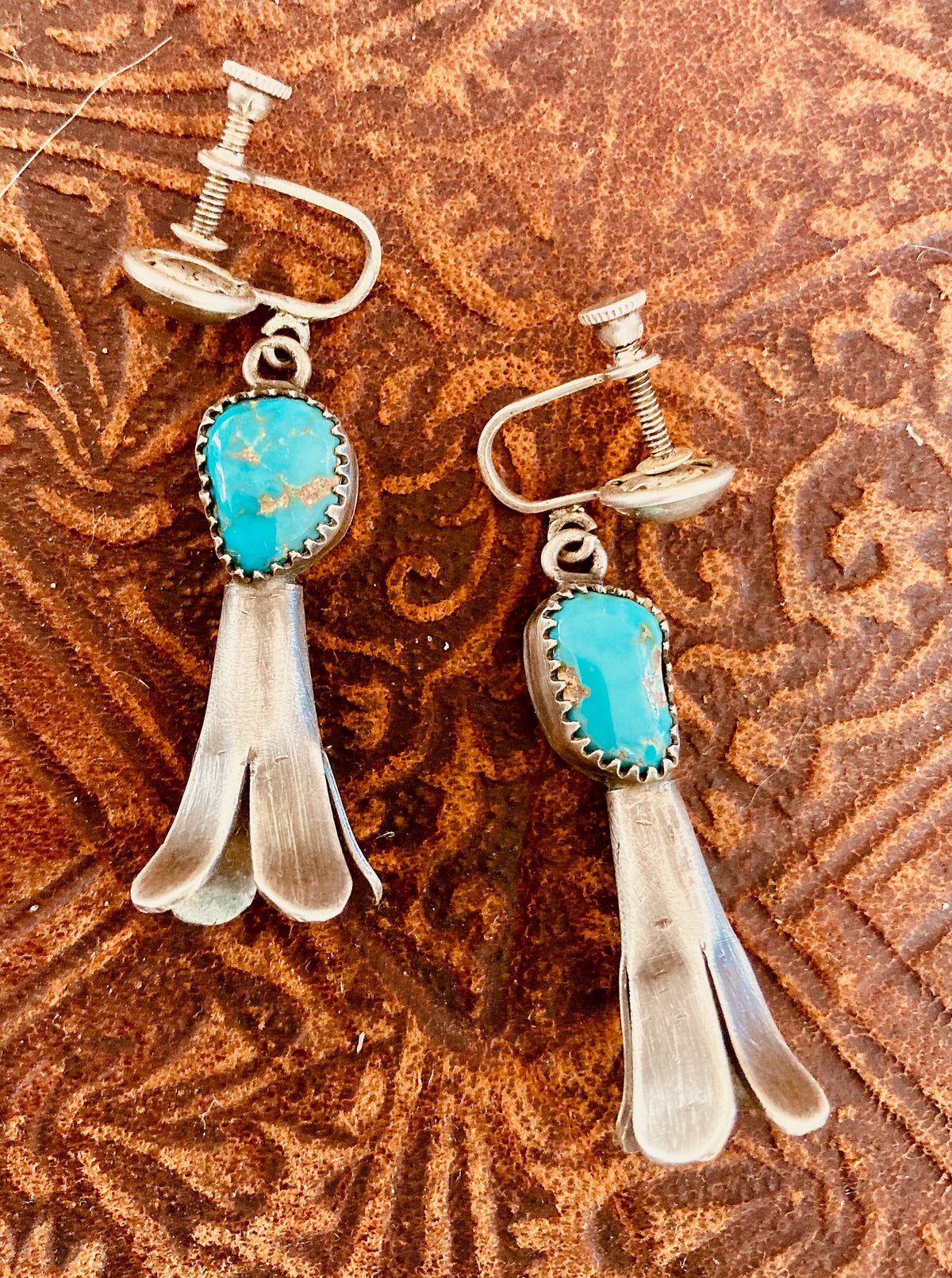 Vintage Navajo Sterling Silver Turquoise Squash Blossom Screw Back Earrings | Native American Jewelry