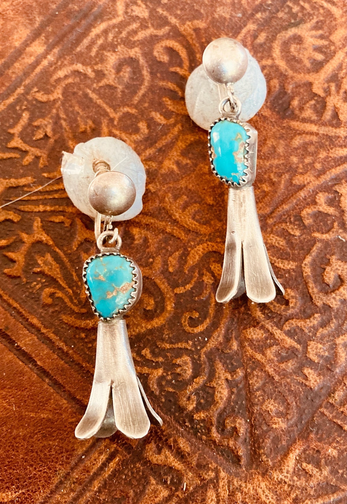 Vintage Navajo Sterling Silver Turquoise Squash Blossom Screw Back Earrings | Native American Jewelry