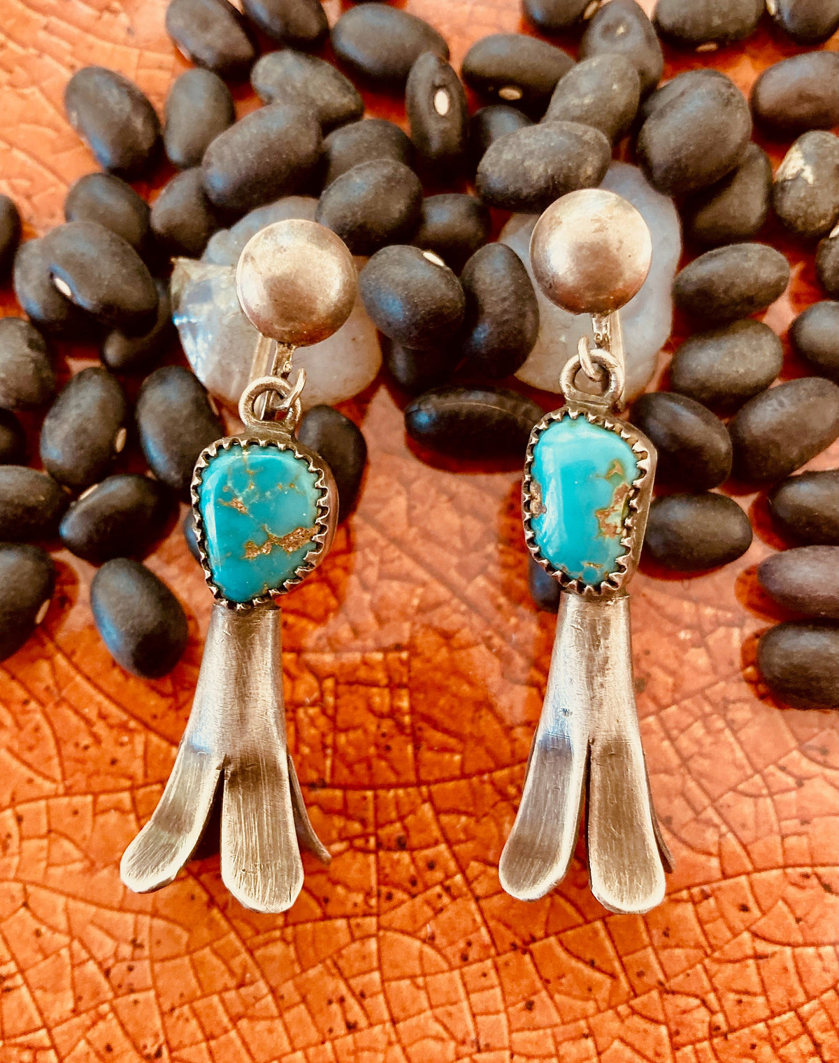 Vintage Navajo Sterling Silver Turquoise Squash Blossom Screw Back Earrings | Native American Jewelry