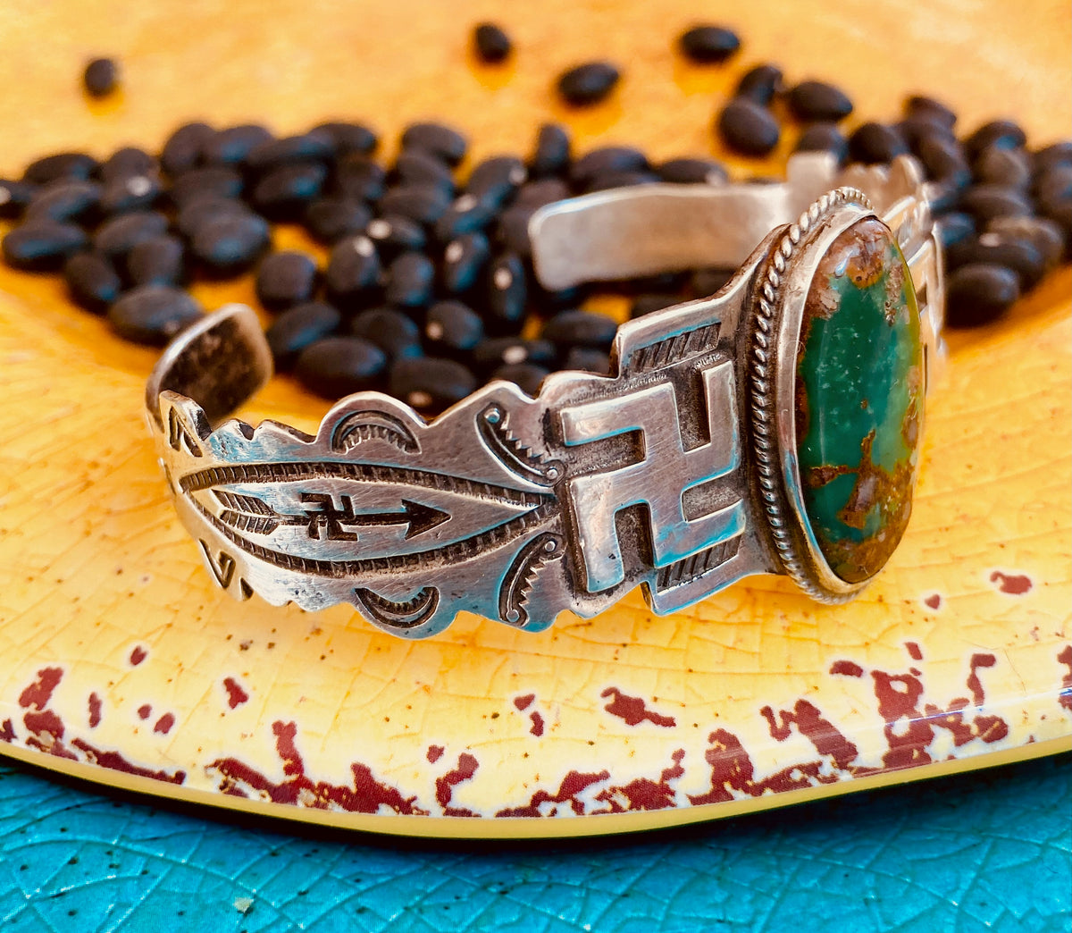 Early Navajo Sterling Silver Turquoise Cuff Bracelet | Vintage Native American Handmade Jewelry | Old Pawn Southwest Bracelet