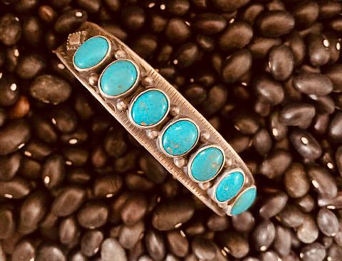 Signed LT Chee Navajo Sterling Silver 7 Stone Turquoise Cuff Bracelet | Vintage Native American Handmade Jewelry | Southwest Bracelet