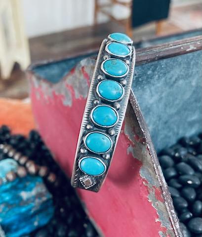 Signed LT Chee Navajo Sterling Silver 7 Stone Turquoise Cuff Bracelet | Vintage Native American Handmade Jewelry | Southwest Bracelet