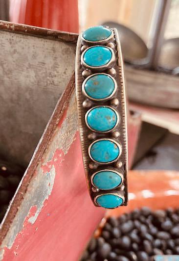 Signed LT Chee Navajo Sterling Silver 7 Stone Turquoise Cuff Bracelet | Vintage Native American Handmade Jewelry | Southwest Bracelet