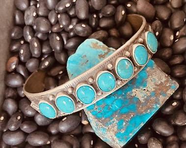 Signed LT Chee Navajo Sterling Silver 7 Stone Turquoise Cuff Bracelet | Vintage Native American Handmade Jewelry | Southwest Bracelet