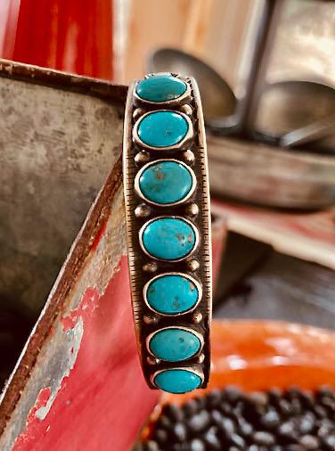 Signed LT Chee Navajo Sterling Silver 7 Stone Turquoise Cuff Bracelet | Vintage Native American Handmade Jewelry | Southwest Bracelet