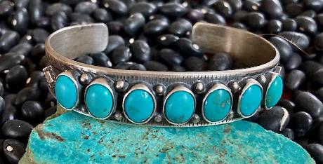 Signed LT Chee Navajo Sterling Silver 7 Stone Turquoise Cuff Bracelet | Vintage Native American Handmade Jewelry | Southwest Bracelet