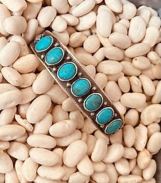Signed LT Chee Navajo Sterling Silver 7 Stone Turquoise Cuff Bracelet | Vintage Native American Handmade Jewelry | Southwest Bracelet