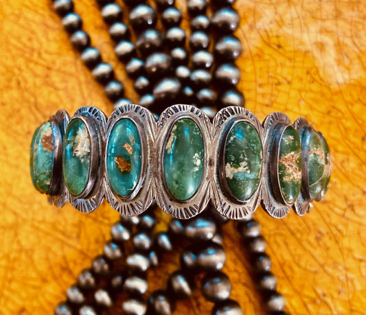 Vintage Fred Harvey Era Native American Turquoise Cuff, 11 Stone Sterling Silver Bracelet