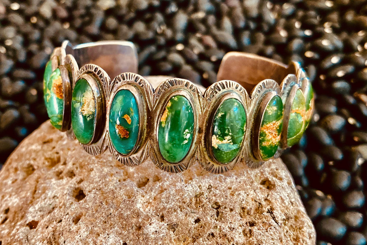Vintage Fred Harvey Era Native American Turquoise Cuff, 11 Stone Sterling Silver Bracelet