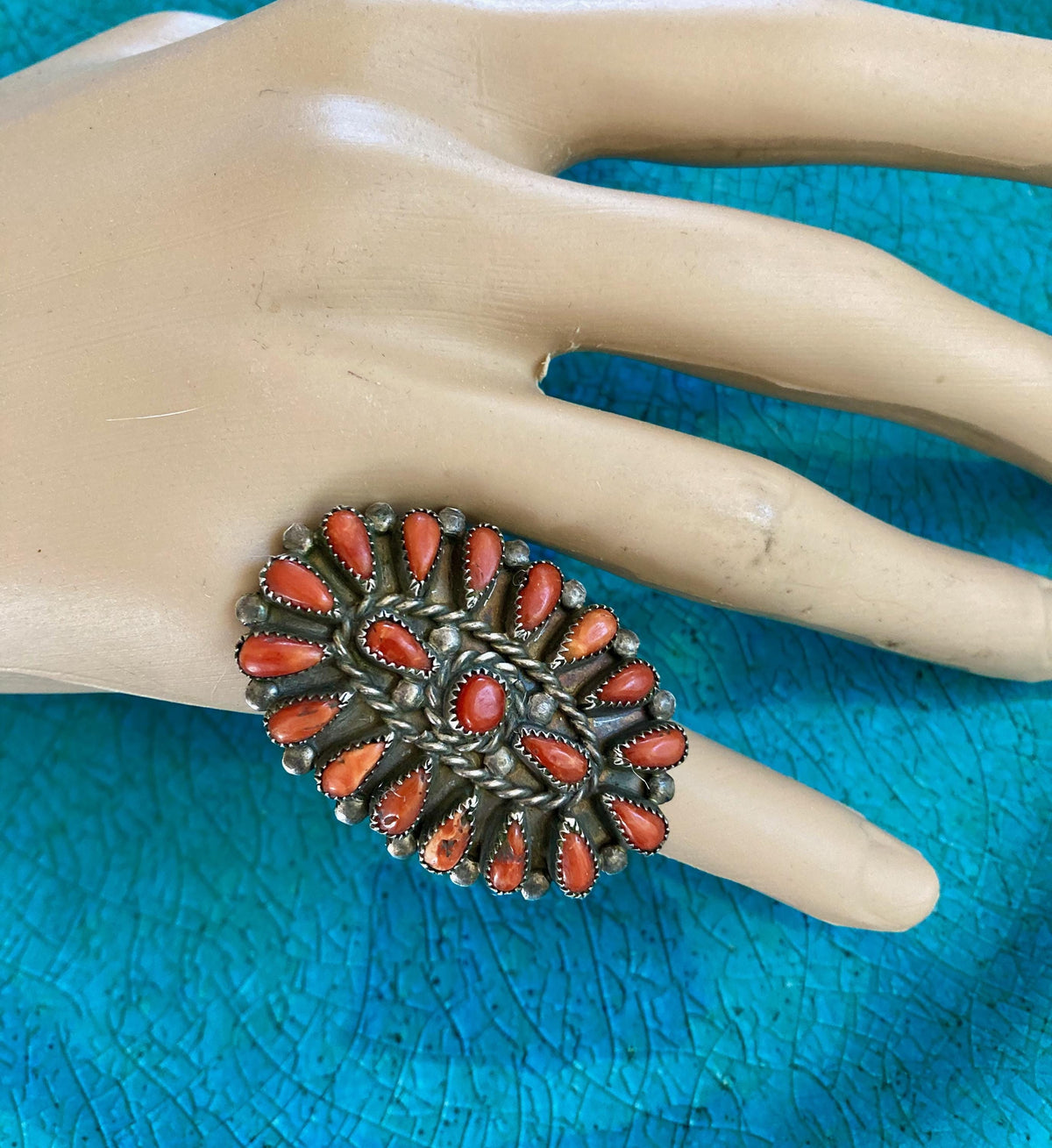 Vintage Zuni Spiny Oyster Cluster Ring, Petit Point Sterling Silver, Size 5
